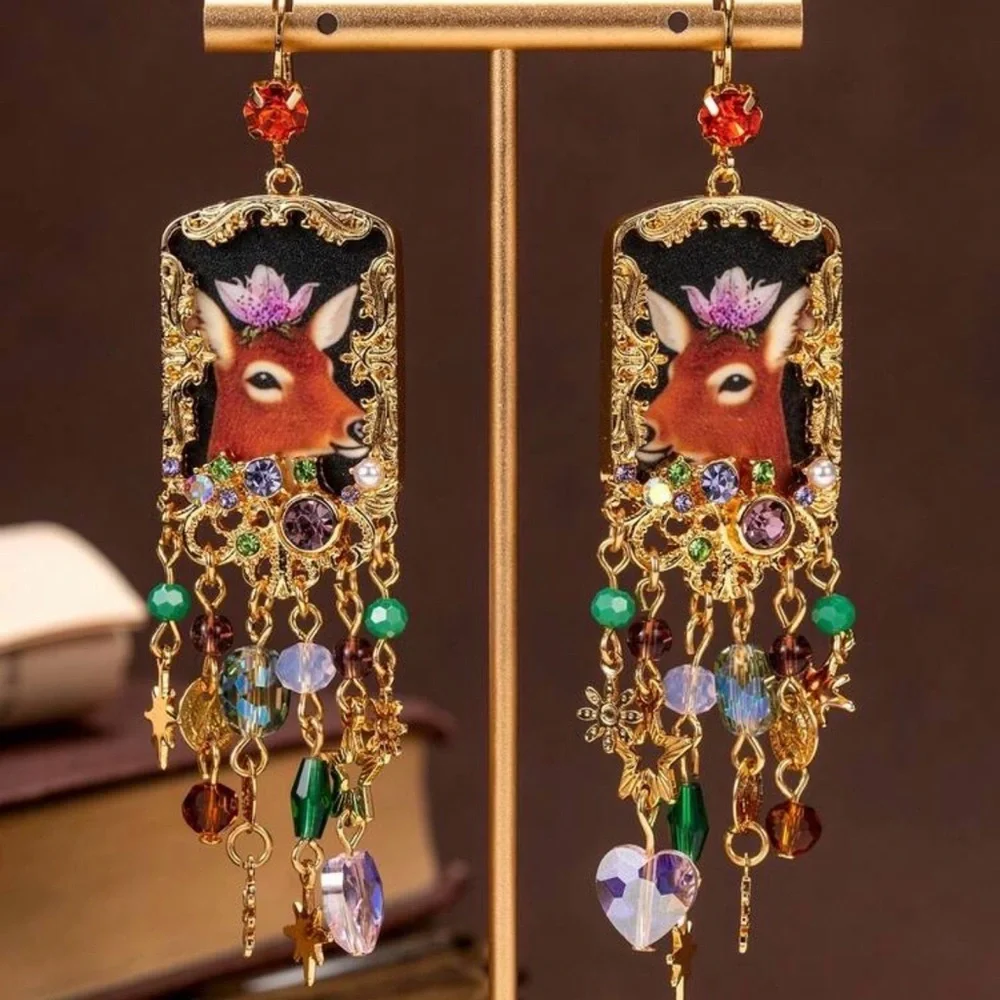 Deer Portrait Celestial Crystal Beads Earrings Vintage Style Chandelier Gold NEW